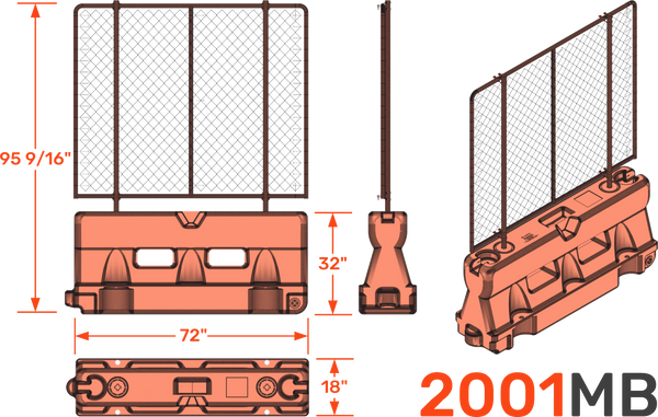 Graphic: 2001MB dimension drawings, 95 9/16 inches with a fence panel, 72 by 32 by 18 inches
