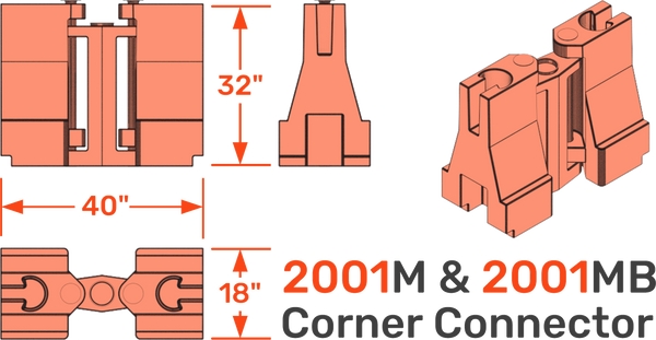 Graphic: 2001M and 2001MB corner connector drawings, 40 by 32 by 18 inches